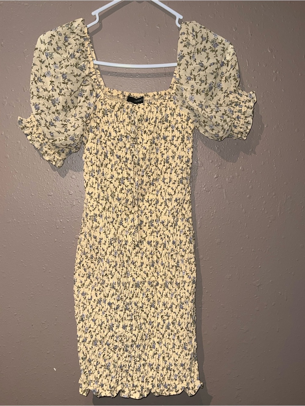 Forever 21 Women's Yellow Floral Smocked Puff-Sleeve Dress